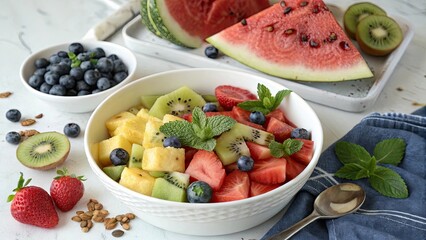 Fresh summer fruit salad watermelon kiwi pineapple strawberries blueberries