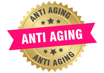 anti aging. anti aging round pink and gold label isolated on transparent background