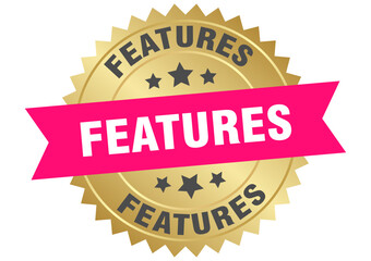 features. features round pink and gold label isolated on transparent background