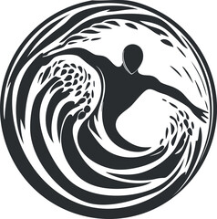 Abstract black and white silhouette of a surfer riding a wave in a circular dynamic design