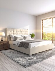 bedroom double size, indoor, window light effect from side, high definition image