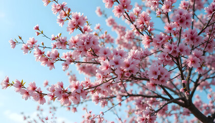 Delicate cherry blossom tree branches with soft pink buds against gentle blue sky