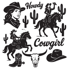 Western vector graphic set featuring cowgirls, horses, cacti, skulls, hats, boots, and 