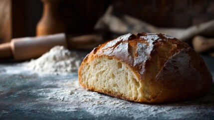 A fresh loaf of bread with a golden crust and soft, airy interior, placed on a rustic kitchen counter with flour scattered around