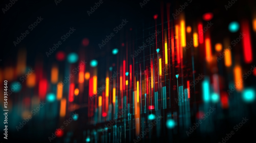 Poster a futuristic digital financial graph with glowing lines and markers, illustrating the movement of st