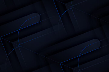 Abstract futuristic dark navy background featuring overlapping geometric shapes and subtle glowing blue neon lines or wireframe elements