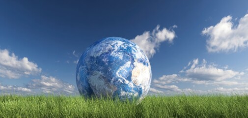 The Earth Surrounded by Lush Green Grass Under a Bright Blue Sky