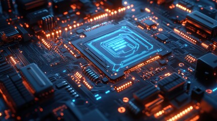 Fototapeta premium Glowing CPU on Motherboard, Circuit Board, Technology, Data Processing, Closeup