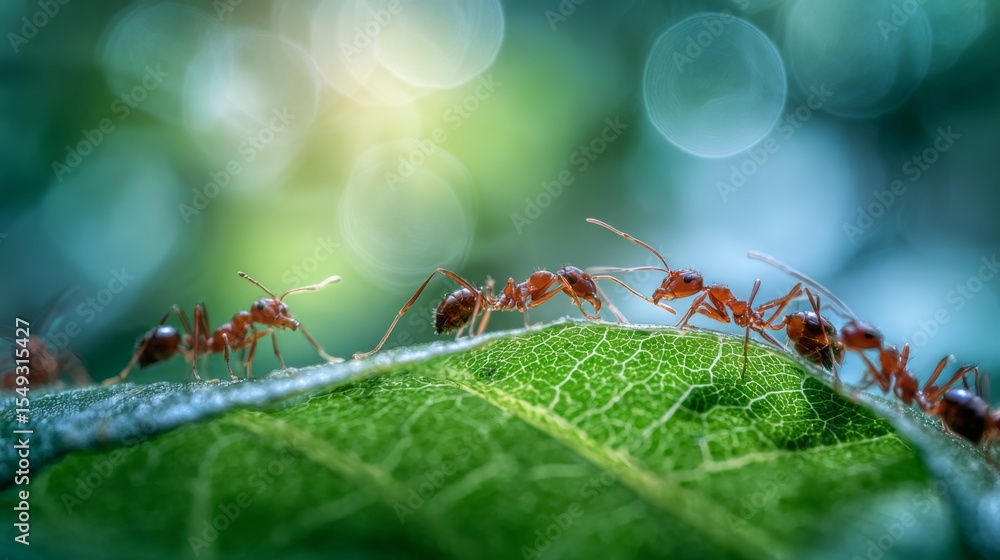 Poster A group of ants working together, munching on a fresh green leaf, with the vibrant texture of the leaf in focus and soft background bokeh