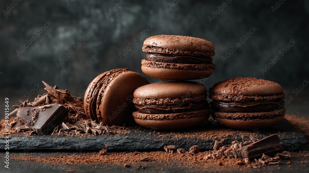 Poster A group of chocolate macarons with a glossy finish, stacked on a dark slate surface, surrounded by cocoa powder and chocolate shavings for a rich, decadent look.
