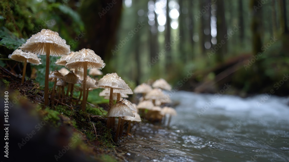 Aufkleber A group of mushrooms growing along the edge of a forest stream, with water droplets on the caps and the soft flow of the stream in the background