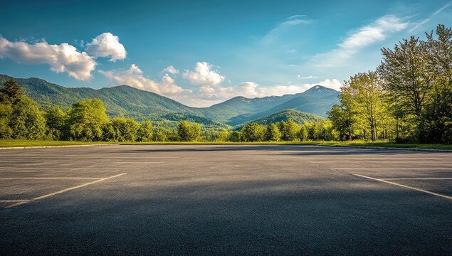 Empty parking lot, mountains in the background
