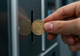 Inserting a Coin into a Slot with a Hand a Concept for Saving Money or Making a Small Purchase