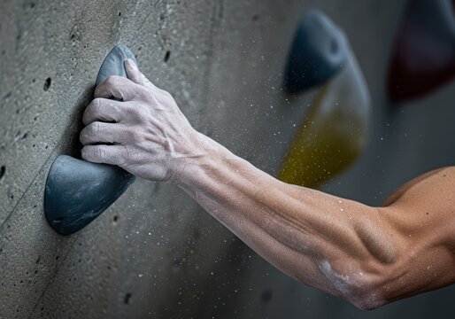 Gripping a Climbing Hold with a Chalked Hand a Concept for Rock Climbing a Bouldering Gym and a Sport