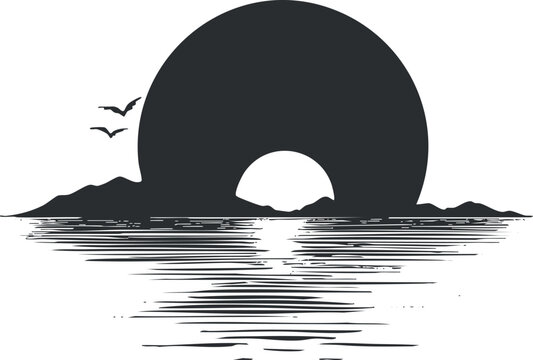 Black and white silhouette of a sunset over the ocean with birds flying and reflections on water