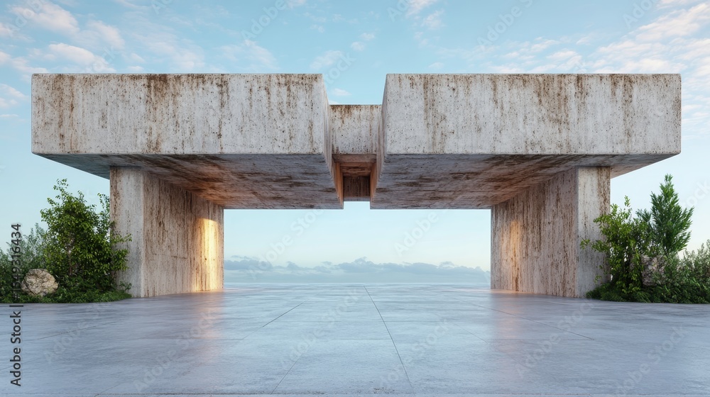 Poster a striking minimalist concrete structure with a bold design, framed by greenery, epitomizing modern 
