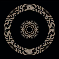 Greek golden key round frame on black background with a pattern in the center of the plate. Patterns of Ancient Greece, ancient Rome Empire. Greek key, meander pattern.Template for design