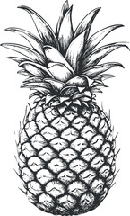 Obraz premium Black and white detailed sketch illustration of a ripe pineapple fruit with leaves on top, tropical and fresh