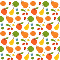 Pattern with fruits, vegetables, and berries for healthy diet. Flat color illustration in seamless texture. For posters, menus, clothing, and blogs about healthy eating, fitness, and summer lifestyle