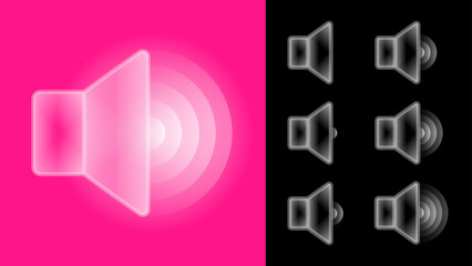 Liquid Glass Speaker Icons – Volume Up and Down Transparent Gradient Vector Set on Colorful Pink and Black Background for UI, Banner, Background, Branding, and Web Design. Vector.