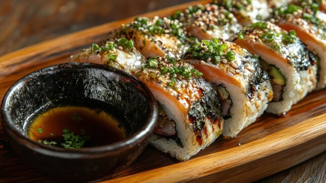 Grilled salmon sushi roll, wooden platter, restaurant, soy sauce, close-up - Powered by Adobe