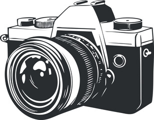 Black and white illustration of a vintage camera with a large lens for photography