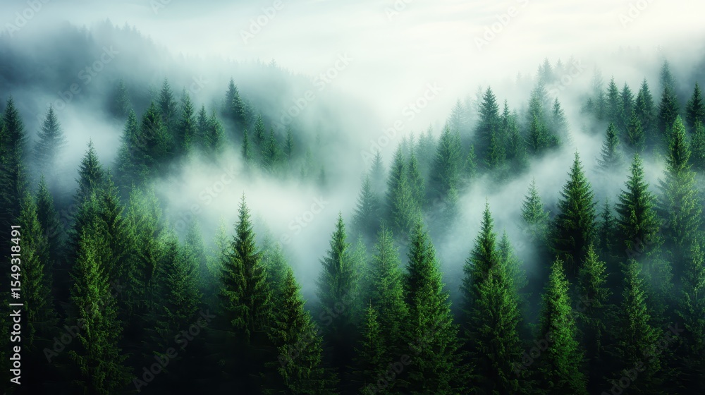 Poster a breathtaking view of dense evergreen trees shrouded in mist, creating an ethereal atmosphere that 