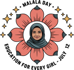Vector badge with Malala illustration inside pink flower petals and stars representing education rights  
