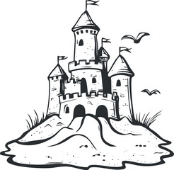 Obraz premium Black and white line drawing of a sandcastle with multiple towers and flags on a beach with birds flying nearby