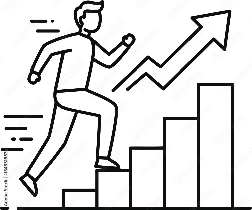 Poster man running up a bar chart with an upward arrow, symbolizing growth and progress.