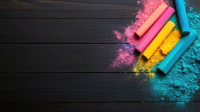 The vibrant colors of chalk pieces spread across a dark wooden surface, inviting creativity and artistic expression with their rich hues and playful arrangement.