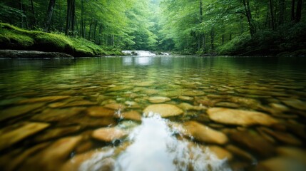 A captivating river reflects its calm surface, combined with smooth stones beneath the water, creating a peaceful environment that invites contemplation and relaxation.