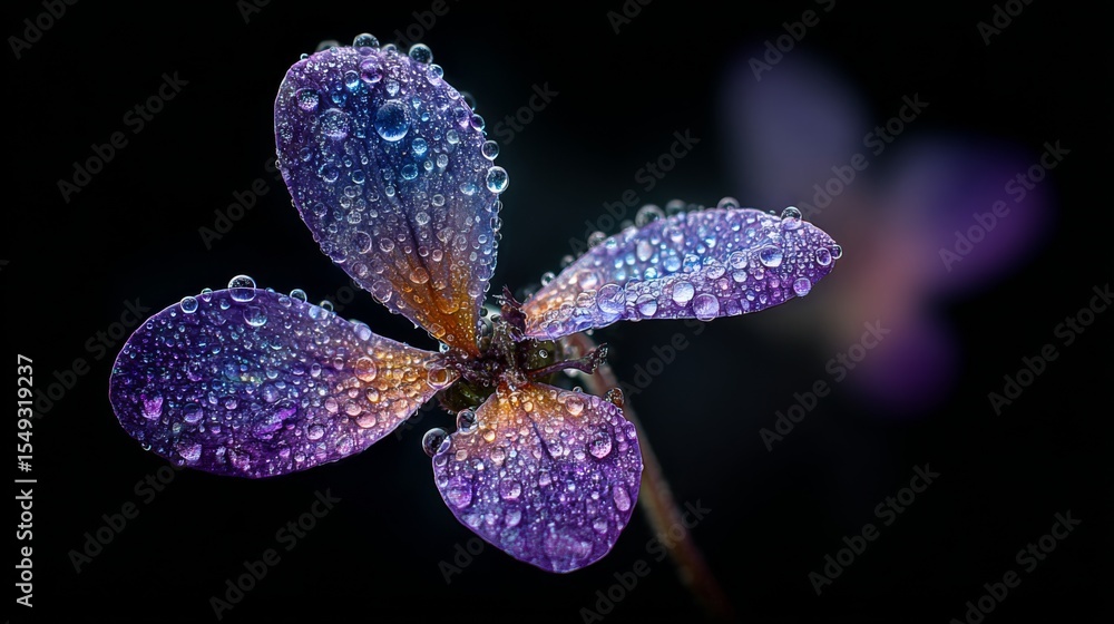 Poster a macro perspective of a violet flower with dew-covered petals, showcasing the intricate textures an