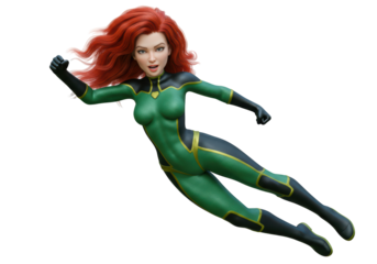 Isolated Red-Haired Superheroine Leaping into Action