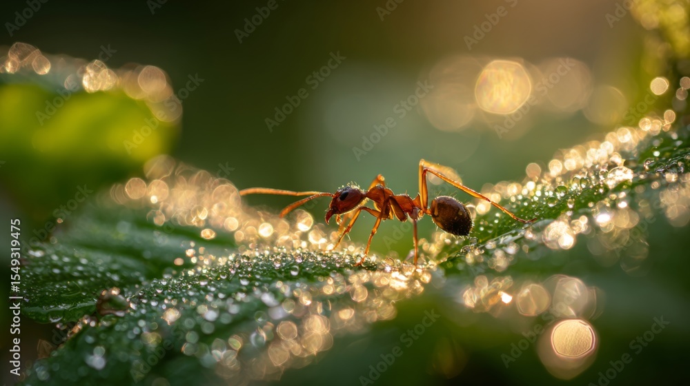 Poster a macro shot of an ant biting into a leaf, with tiny droplets of dew on the leaf and sunlight creati