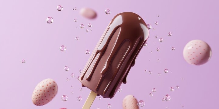 Flying ice cream bar with chocolate glaze and vanilla spheres on a soft lavender background
