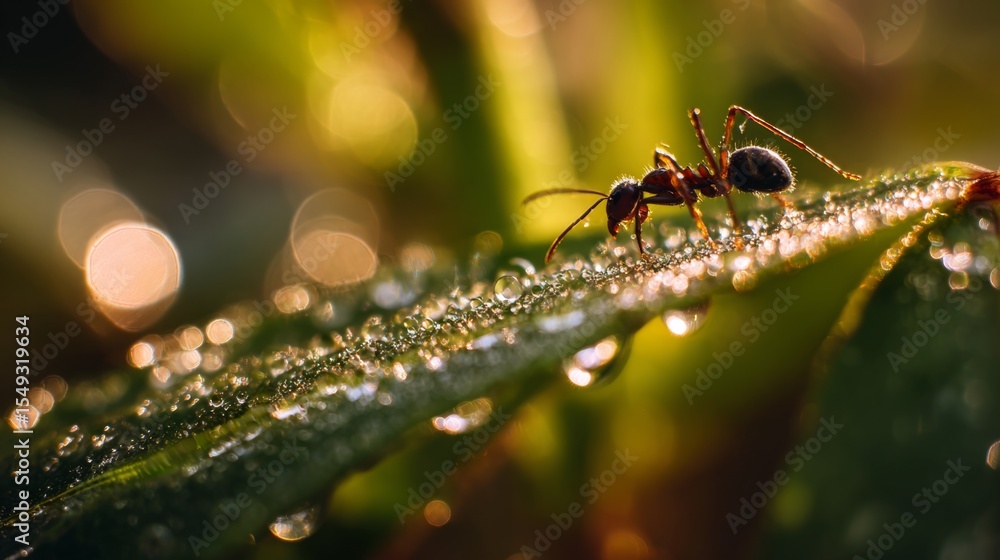 Poster a macro shot of an ant biting into a leaf, with tiny droplets of dew on the leaf and sunlight creati