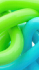 Abstract blurred image of green and blue curved shapes intersecting and overlapping creating a...