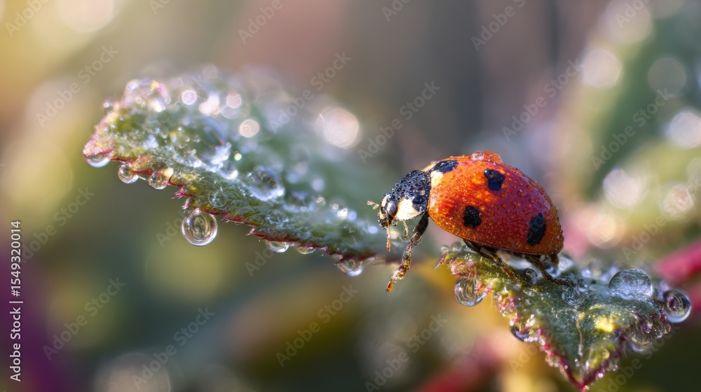 Poster a macro shot of a colorful ladybug resting on a dewy leaf, with droplets of water glistening in the 