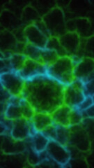 Abstract pattern featuring interconnected lines of varying shades of green and blue against a dark background