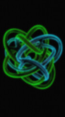 Intertwined green and blue glowing shapes on a black background form a complex rounded abstract knot pattern