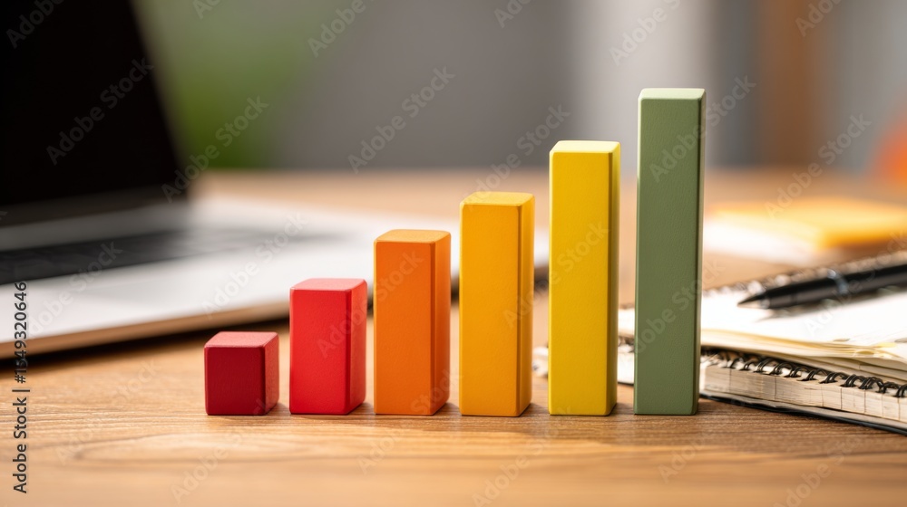 Poster A minimalistic business bar graph with solid-colored bars arranged in ascending order, displayed on a wooden desk with a laptop and notepad in the background.