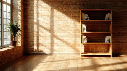 Fototapeta premium A minimalist interior featuring a warm sunlit brick wall, wooden floor, and bookcase adorned with books and a single plant, conveying a sense of calm and simplicity.