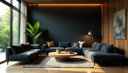 Spacious living room, black sofas, wood accents, warm lighting, greenery , house, homely, cozy