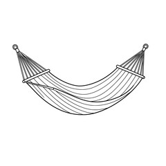 Line art of a hammock with ropes and metal hooks against a blank white backdrop