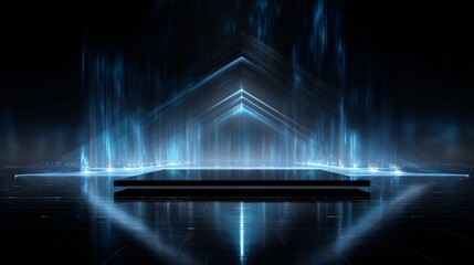 holographic podium with data streams. Digital product launch platform. Copy space. Generative AI