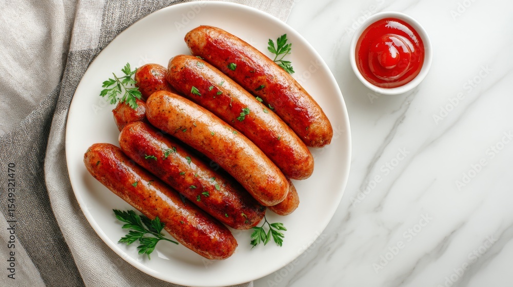 Poster a minimalist presentation of sausages arranged neatly on a white plate, garnished with fresh herbs a