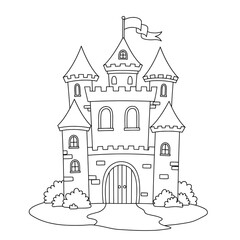 Obraz premium Outlined, line drawing of a castle with towers and a flag on a white background