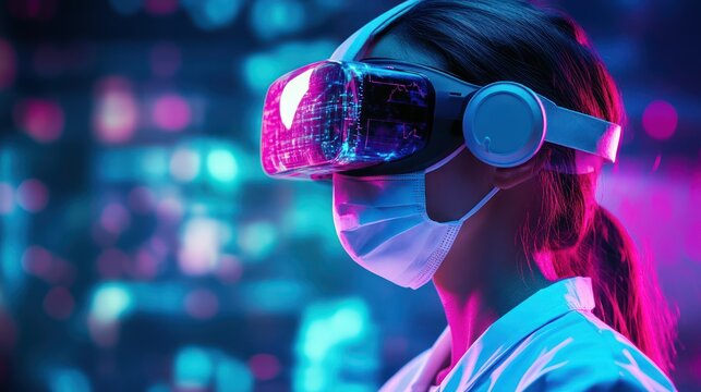Woman, VR headset, lab, neon lights, medical research