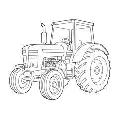 Obraz premium Farm Vehicle Lined drawing of a classic tractor, engine, wheels, cab, exhaust pipe